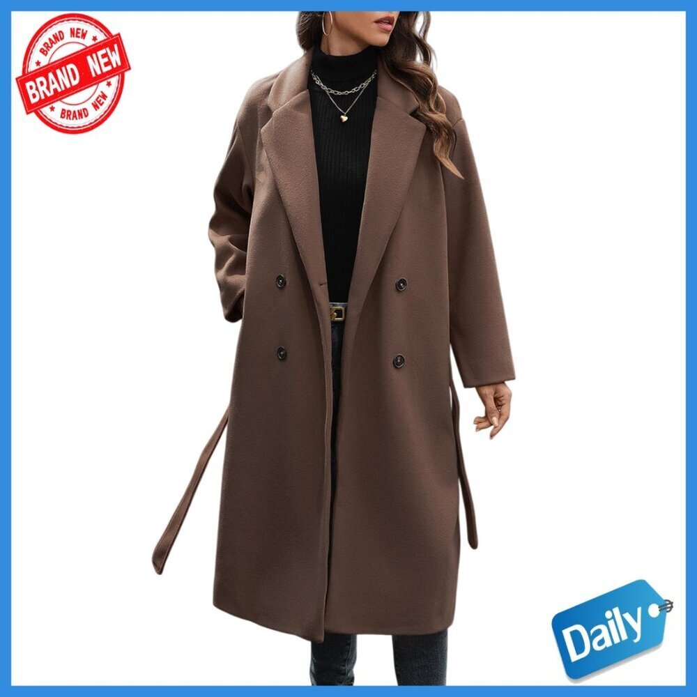 Wool Blend Double Breasted Trench Coat Notch Lapel Knee Length